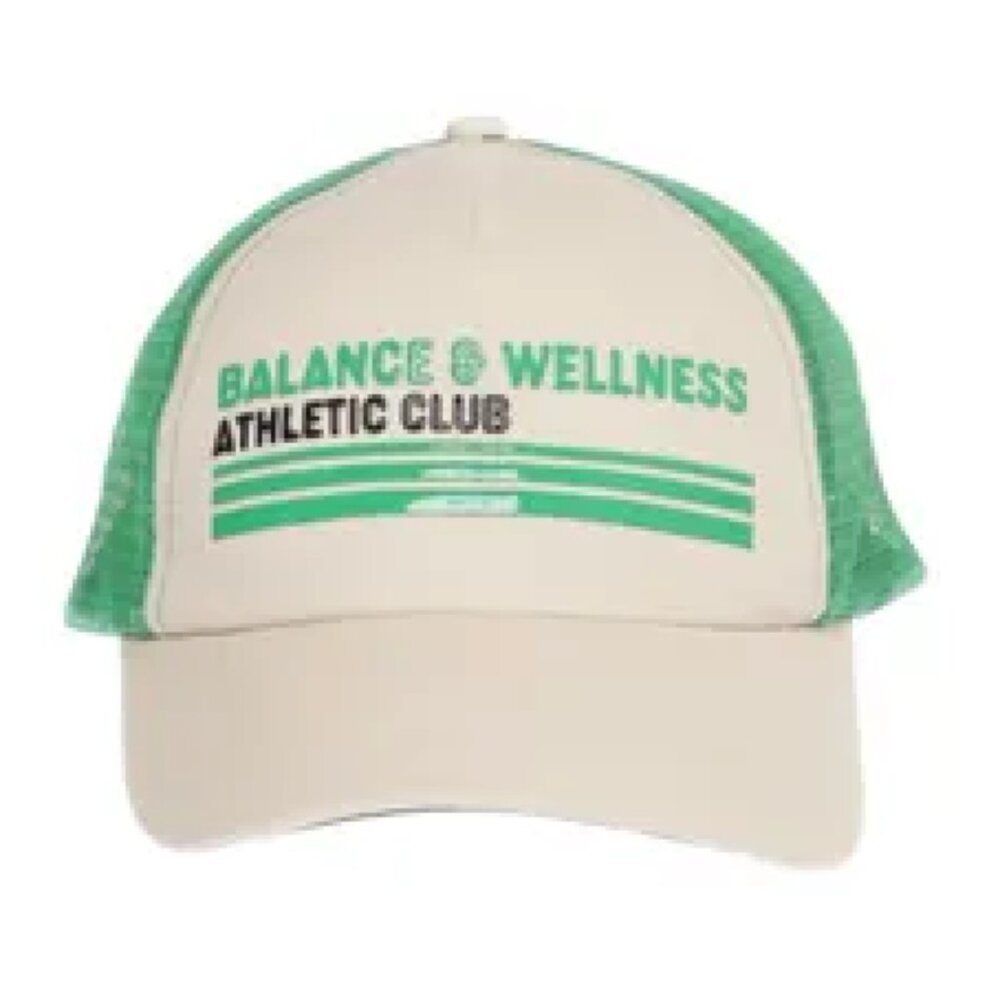h&m trucker hat with “balance & wellness athletic club”